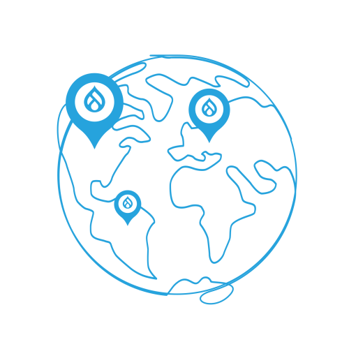 blue line art of a globe with various drupal map pins