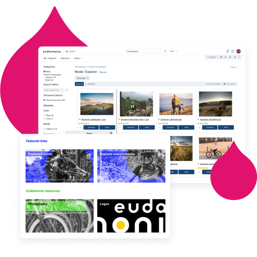 pink acquia droplets with screenshots from the Acquia DAM trial site