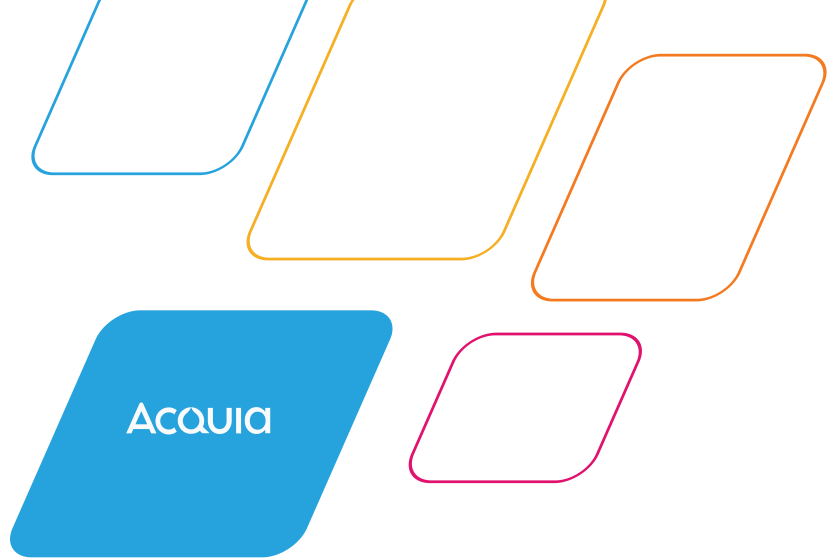 5 paralellograms that are blue, pink, yellow, and orange, with one that is full bleed with the acquia logo
