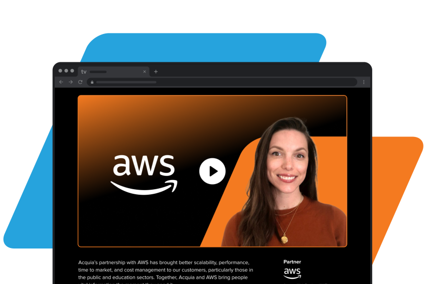 blue and orange parallelograms with dark mode chrome browser featuring a woman and the AWS logo with a play button