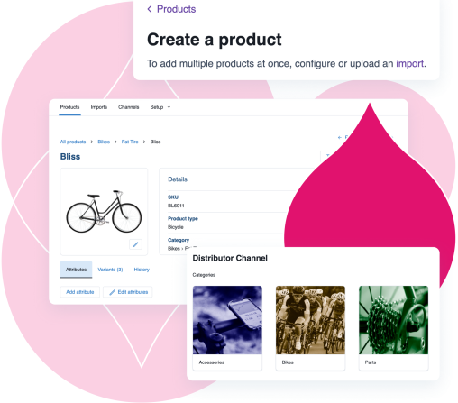 Acquia DAM product screenshots surrounded by various pink acquia droplets