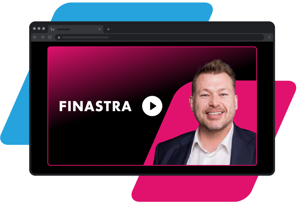 blue and pink parallelograms with dark mode chrome browser featuring a man and the Finastra logo with a play button