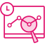 pink icon of a browser with data and a magnifying glass hovering over it
