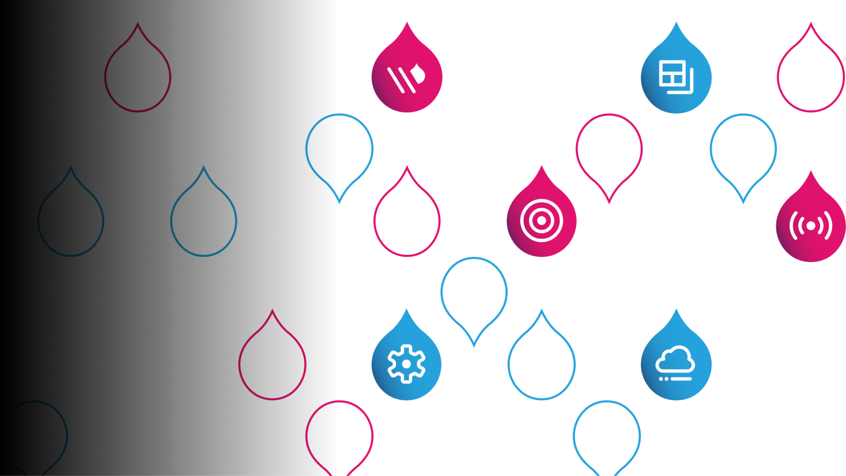 pink and blue acquia droplets outlines with the 6 acquia product logos