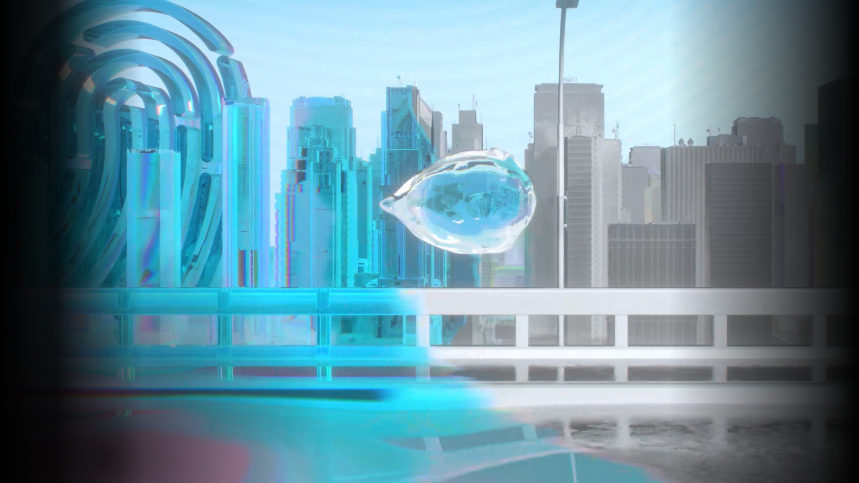 3D animation of a water drop flying through a city