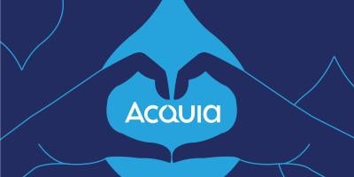 Illustration of two hands meeting to form a heart with the Acquia logo in the center