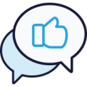 Blue Line art of a chat bubble with a thumbs up in it