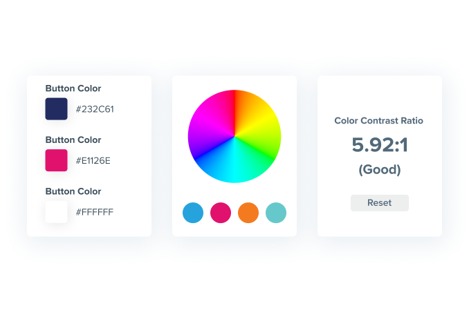 Stylized product UI with a color selector and a color contrast ratio calculator