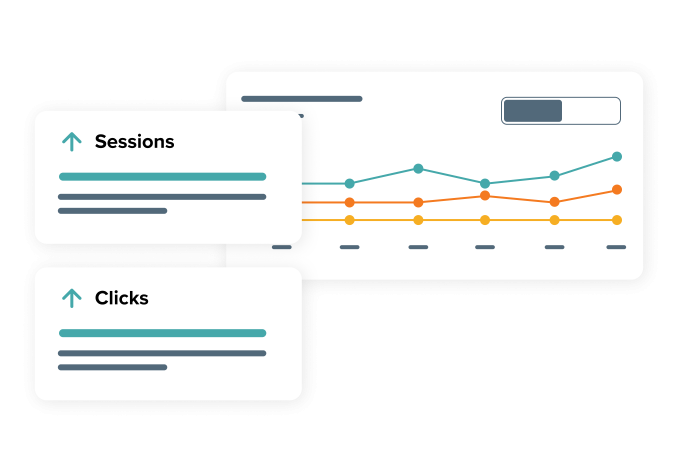 Stylized product UI of a line chart with two blocks for increased sessions and clicks