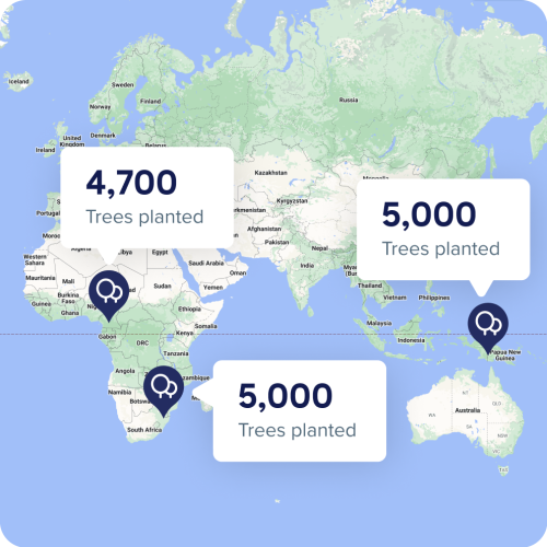Map featuring Africa, Asia, and Austrailia that pinpoints three different locations and calls out approximately 5,000 trees planted per each location