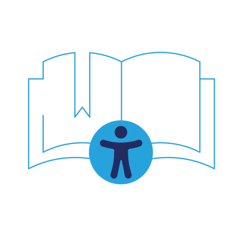 illustration of an open book with the accessibility logo