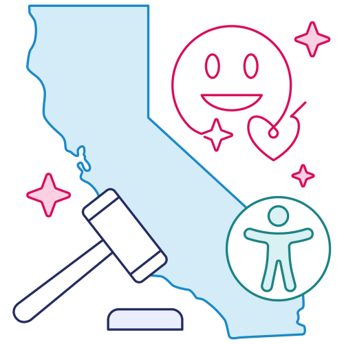 Illustration of the profile of the state of California with accessibility and compliance graphics