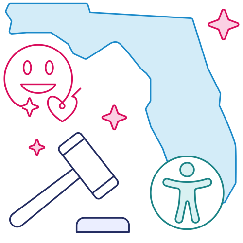 Illustration of the profile of the state of Florida with accessibility and compliance graphics