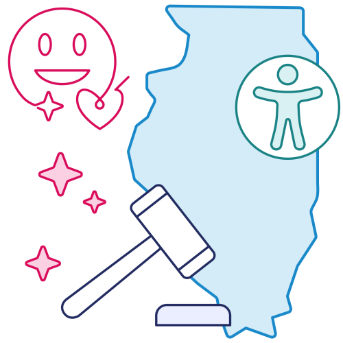 Illustration of the profile of the state of Illinois with accessibility and compliance graphics