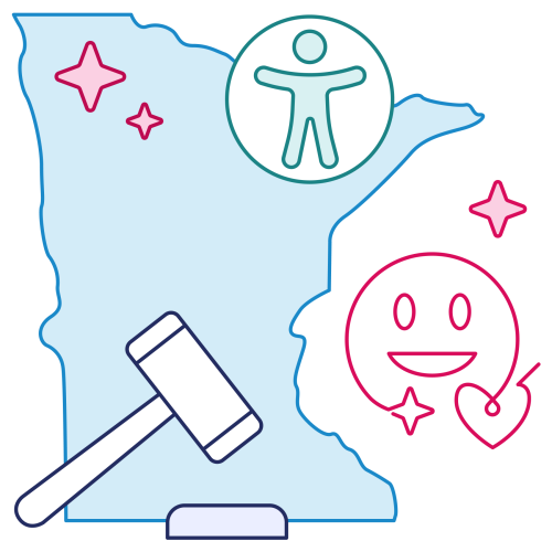 Illustration of the profile of the state of Minnesota with accessibility and compliance graphics
