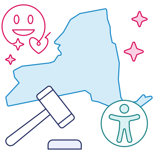 Illustration of the profile of the state of New York with accessibility and compliance graphics