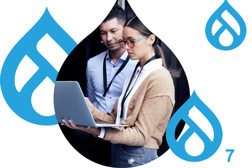 image of a woman standing up holding a laptop cropped by a droplet while also surrounded by 3 drupal logos