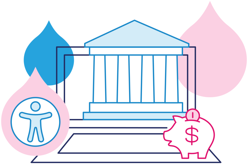 illustration of governmental building with accessibility logo and piggybank