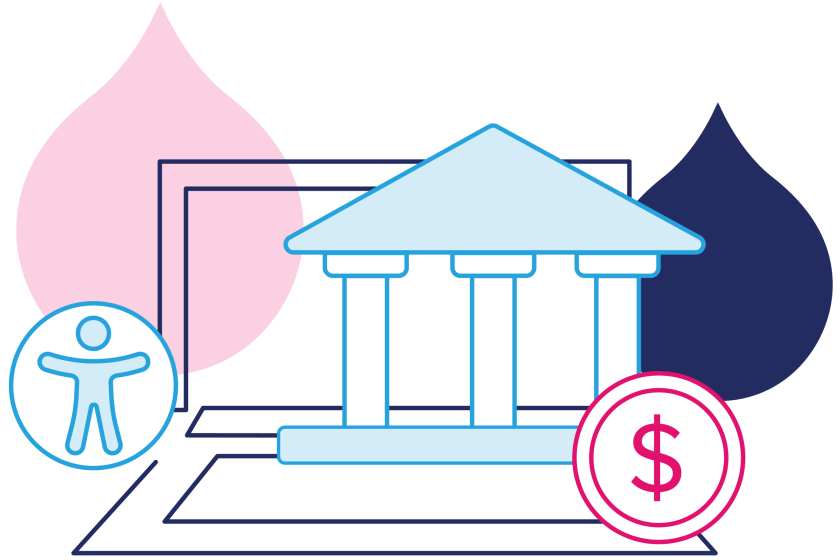 illustration of governmental building with accessibility logo and coin