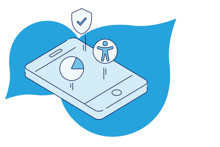 illustration of. mobile device with iconography for security, analytics, and accessibility