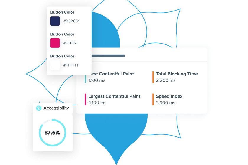 stylized graphics of Product UI featuring color palette checker, accessibility scores, and load time analysis