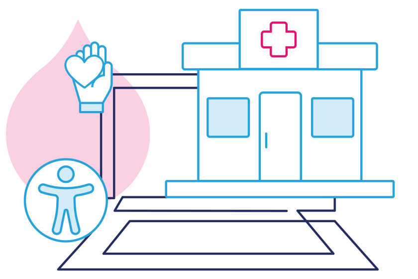 illustration of a laptop, the accessibility logo, and a medical center