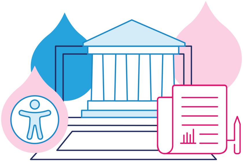 illustration of a governmental building and laptop with accessibility logo and report
