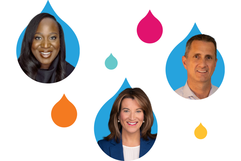 3 blue droplets with different Acquia employee headshots coming out of them surrounded by yellow, teal, pink, and orange droplets
