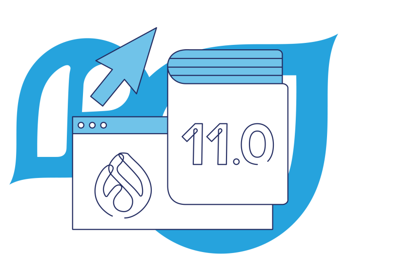 illustration of browser window and book with the drupal logo and the number 11