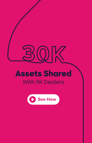 pink background with line art that spells out "30K" and text that reads "assets shared with 5K dealers" below it. In addition to a white button that has a play button and text that reads "See How"