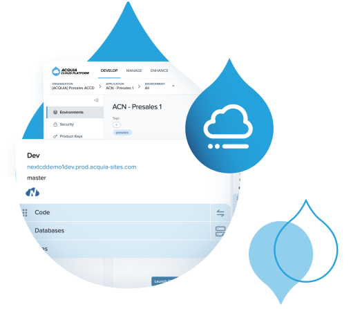 Stylized graphic with Acquia Cloud Platform UI and logo