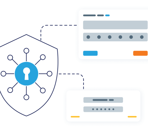 Illustrative Product UI showing automated states connected to a shield