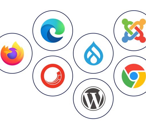 graphic with Firefox, Drupal, Microsoft Edge, Joomla, Chrome, Wordpress, and Sitecore logos