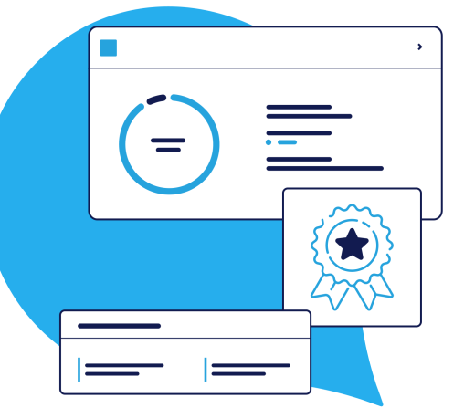 illustration of product UI with a progress indicator, notes, and an award badge
