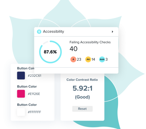 Stylized product UI of accessibility metrics and color contrast checkers
