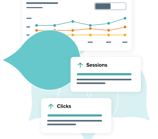 Stylized product UI showing analytics for sessions and clicks