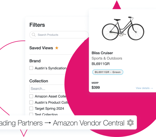 Stylized product UI identifying Amazon as the vendor while showing product and filter lists
