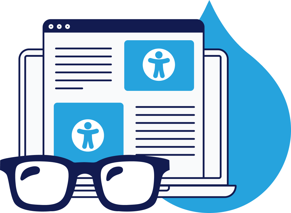 Illustration of a web page with the accessibility logo and glasses over it