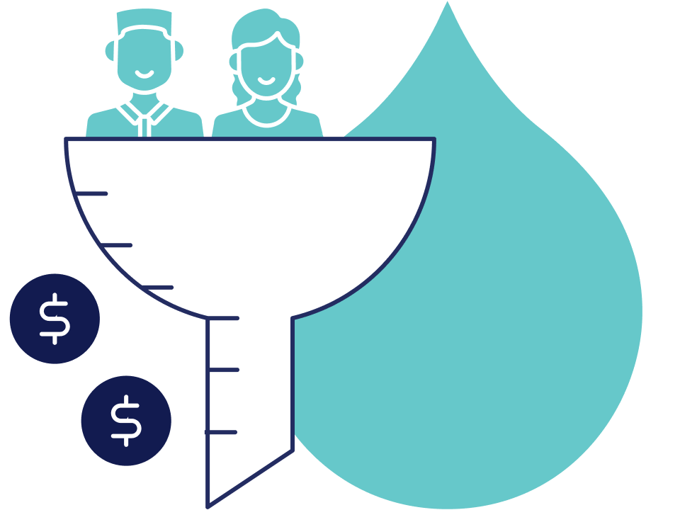 Illustration of two people at the top of a funnel and money below them
